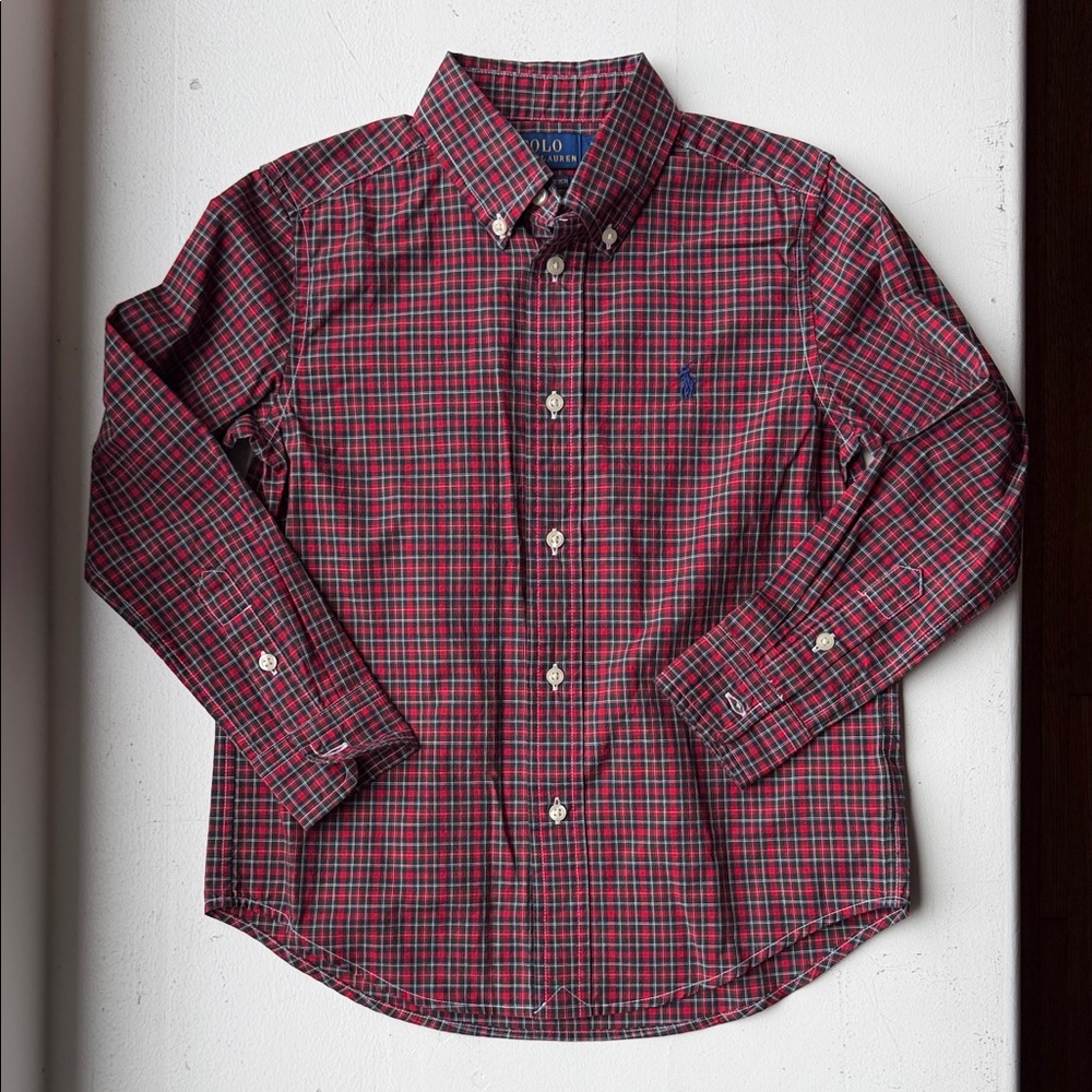 Boys Size 6 Polo by Ralph Lauren Red and Green Plaid Button-Down Shirt